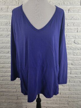 Dreams Co Smock Tee Top 2X Plus Blue Cotton Long Sleeve V Neck Pockets BLU34E